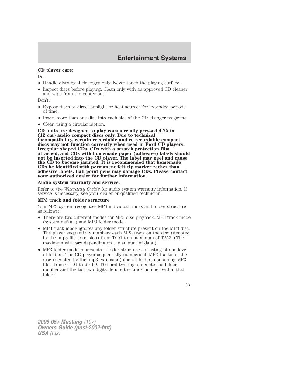 Entertainment systems | FORD 2008 Mustang v.1 User Manual | Page 37 / 280