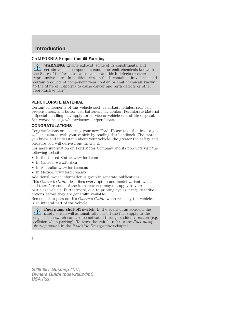 Introduction, Perchlorate material, Congratulations | FORD 2008 Mustang v.1 User Manual | Page 4 / 280