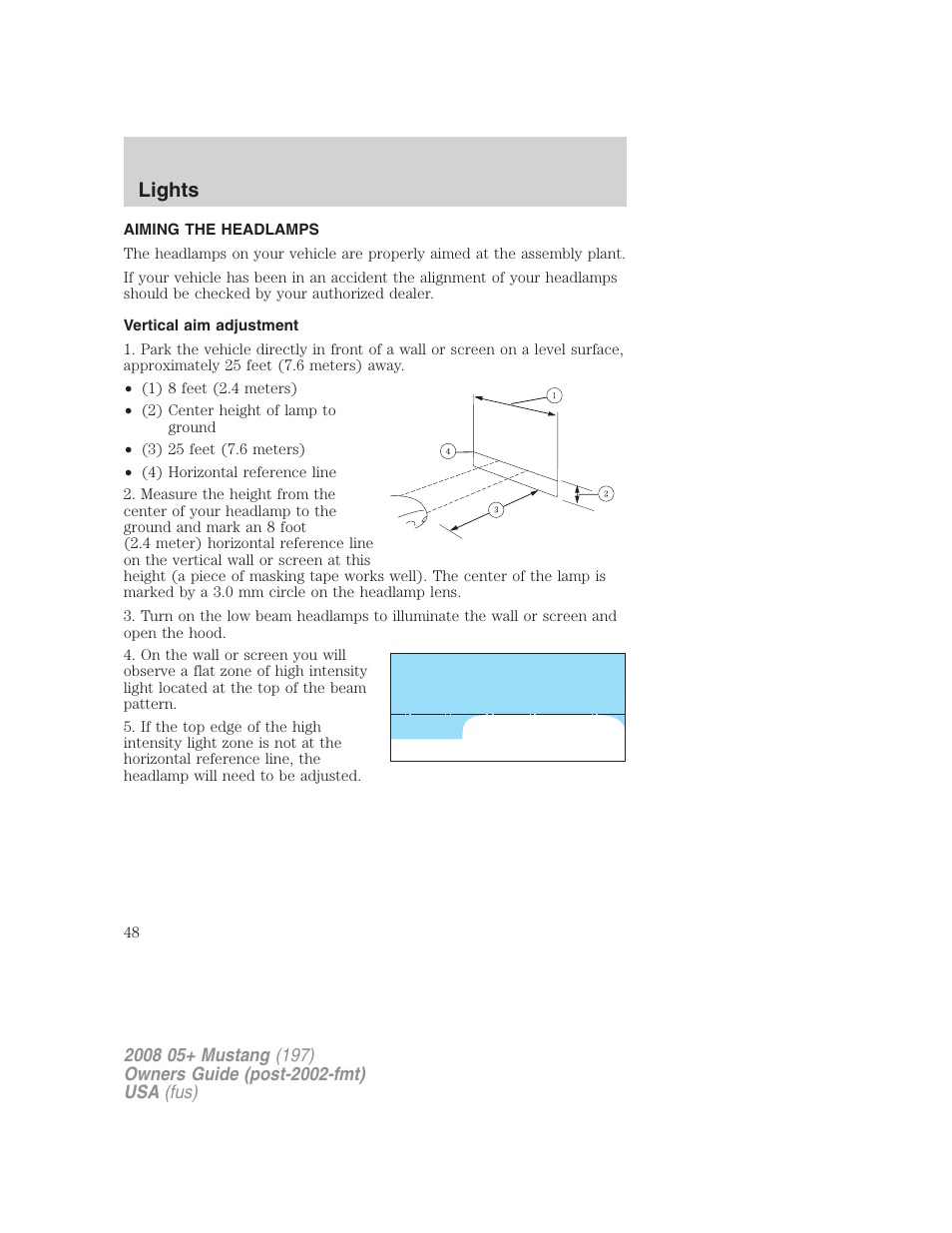 Aiming the headlamps, Vertical aim adjustment, Lights | FORD 2008 Mustang v.1 User Manual | Page 48 / 280