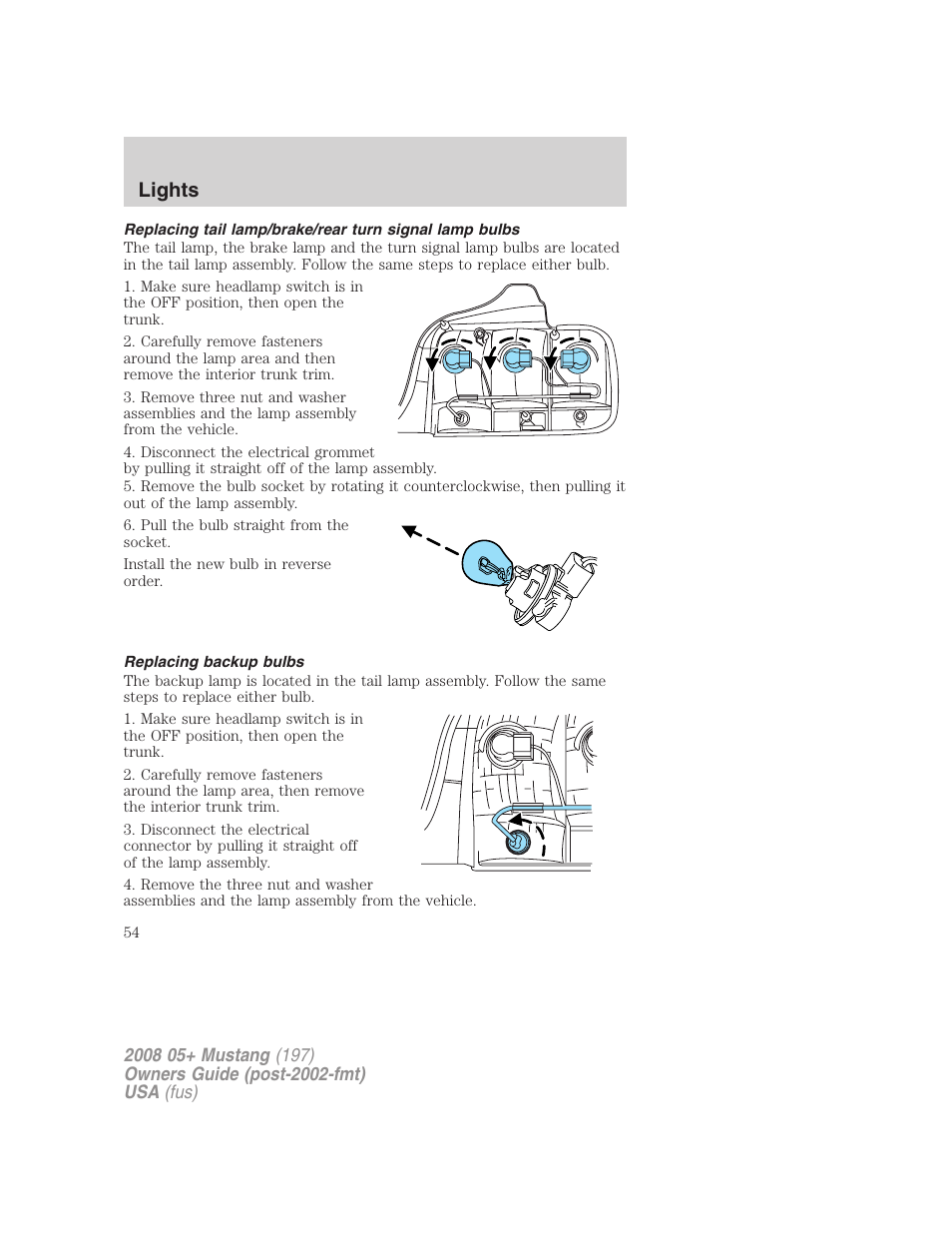 Replacing backup bulbs, Lights | FORD 2008 Mustang v.1 User Manual | Page 54 / 280