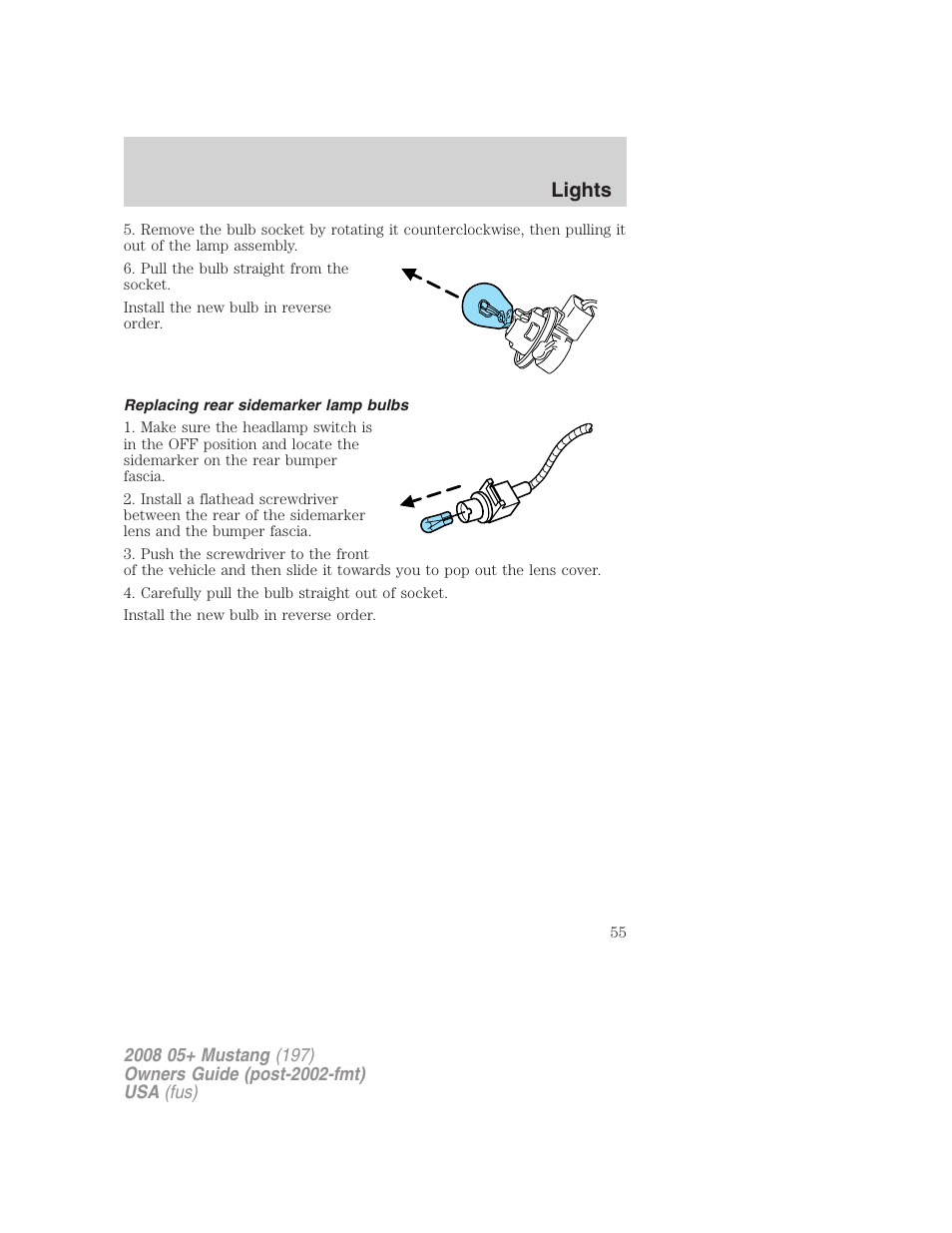 Replacing rear sidemarker lamp bulbs, Lights | FORD 2008 Mustang v.1 User Manual | Page 55 / 280