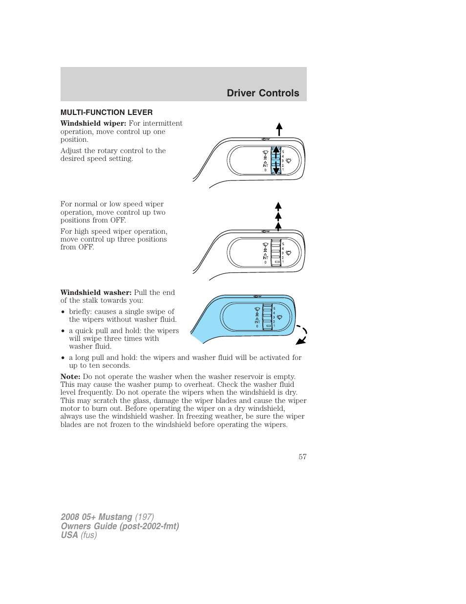 Driver controls, Multi-function lever, Windshield wiper/washer control | FORD 2008 Mustang v.1 User Manual | Page 57 / 280