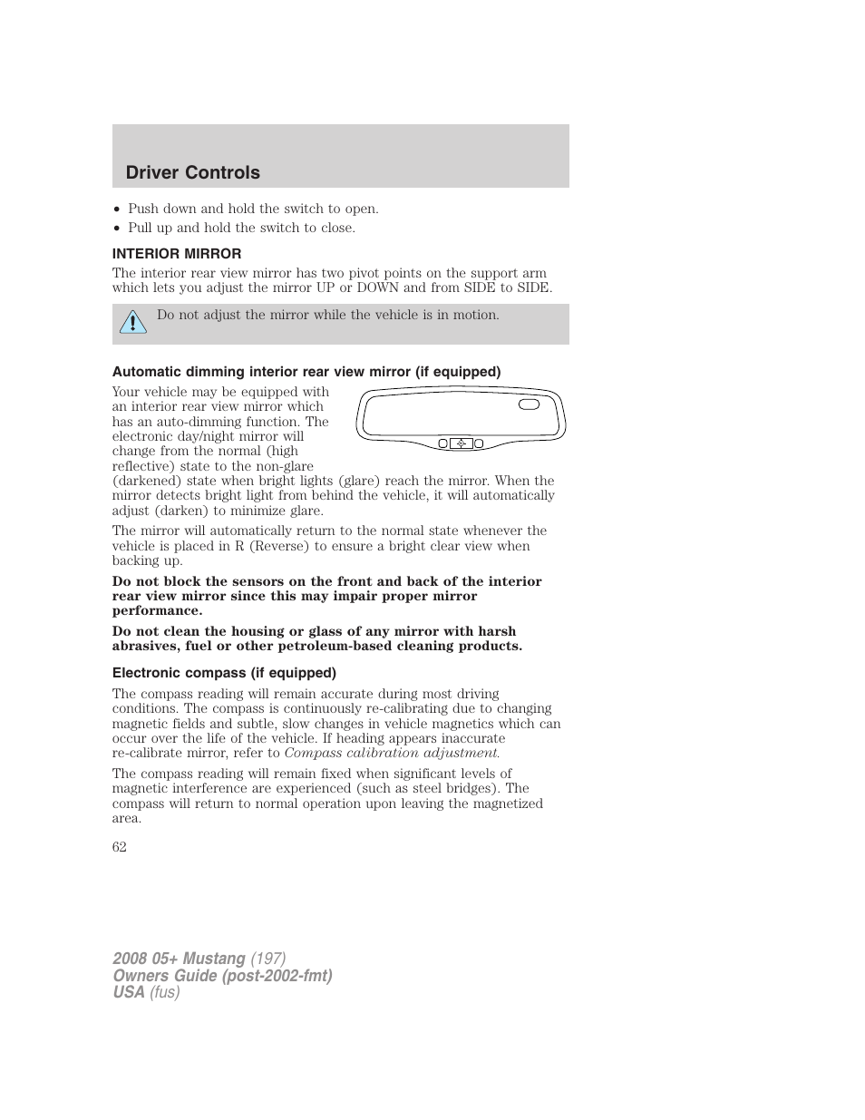 Interior mirror, Electronic compass (if equipped), Mirrors | Driver controls | FORD 2008 Mustang v.1 User Manual | Page 62 / 280