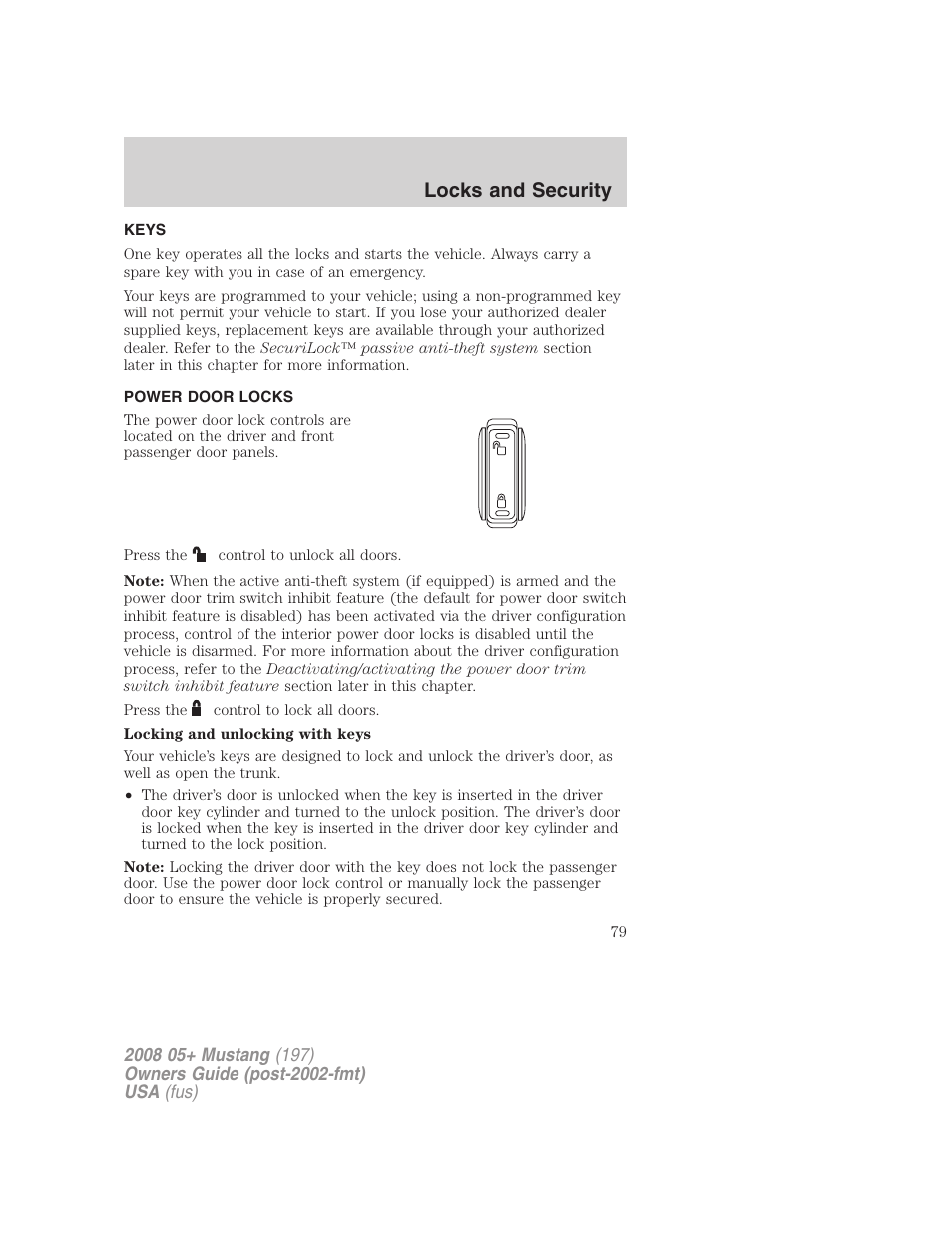 Locks and security, Keys, Power door locks | Locks | FORD 2008 Mustang v.1 User Manual | Page 79 / 280