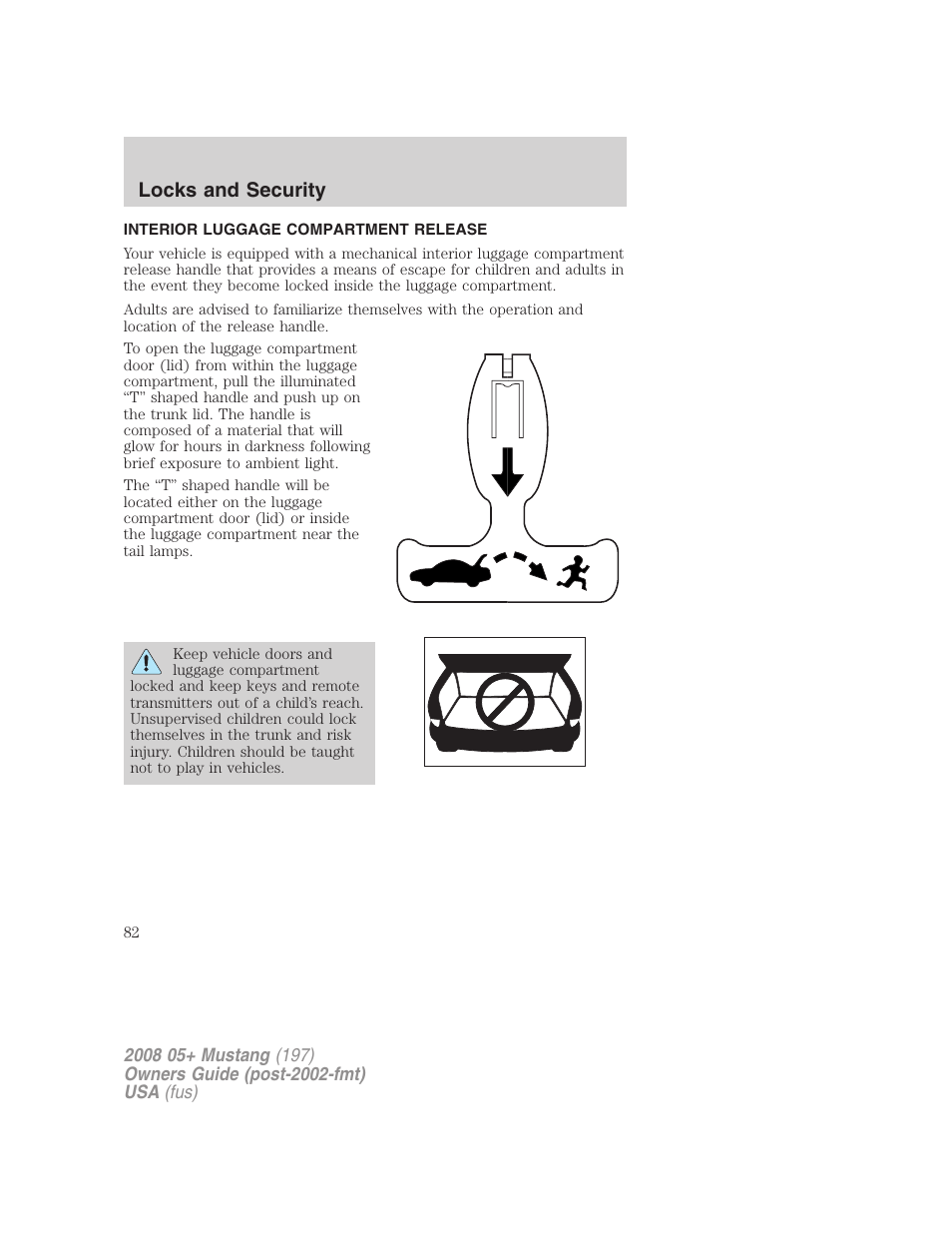 Interior luggage compartment release, Locks and security | FORD 2008 Mustang v.1 User Manual | Page 82 / 280