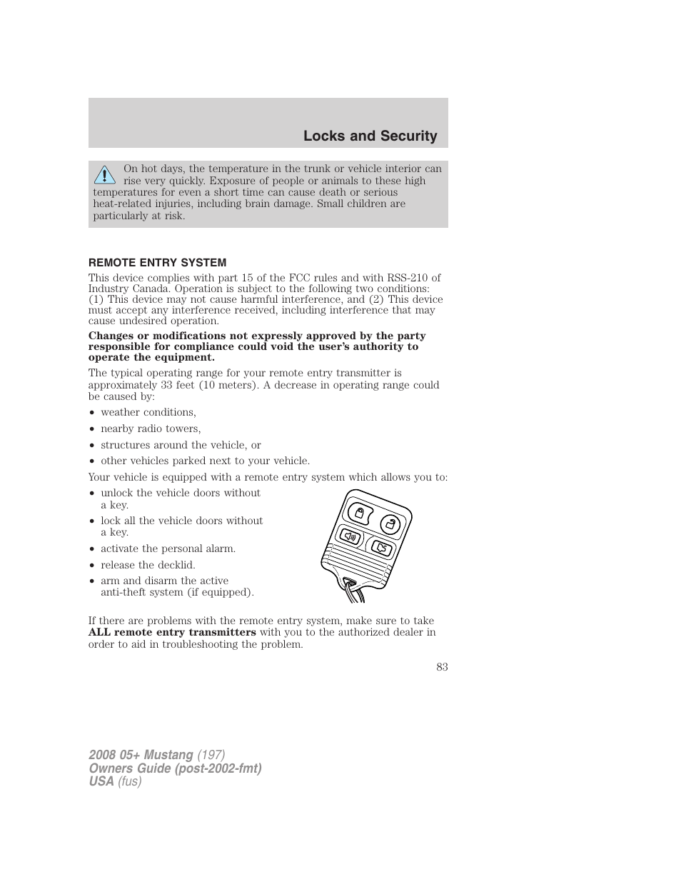 Remote entry system, Locks and security | FORD 2008 Mustang v.1 User Manual | Page 83 / 280