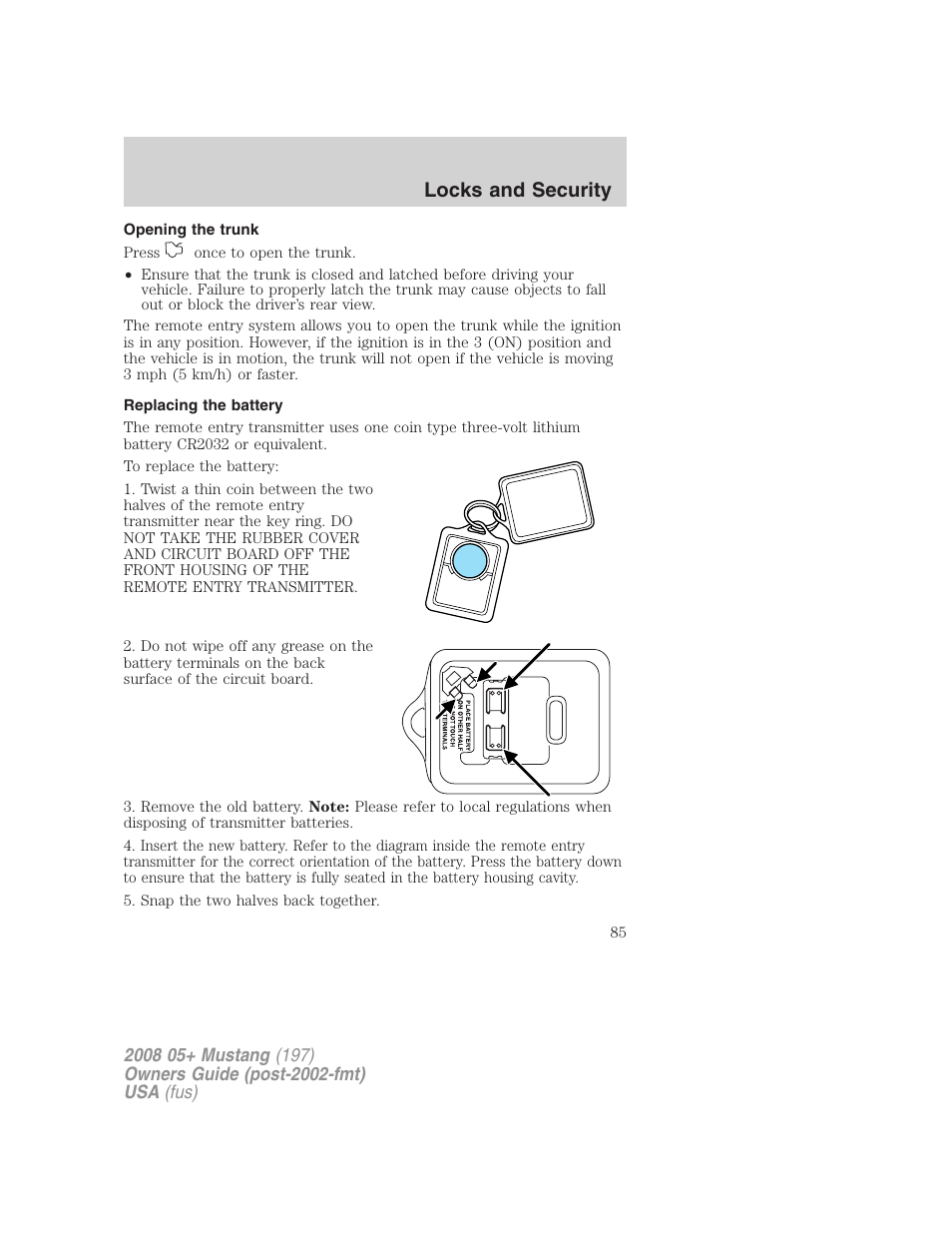 Opening the trunk, Replacing the battery, Locks and security | FORD 2008 Mustang v.1 User Manual | Page 85 / 280