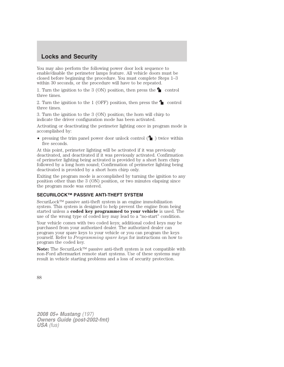 Securilock™ passive anti-theft system, Anti-theft system, Locks and security | FORD 2008 Mustang v.1 User Manual | Page 88 / 280