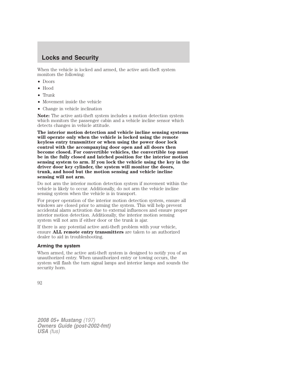 Arming the system, Locks and security | FORD 2008 Mustang v.1 User Manual | Page 92 / 280