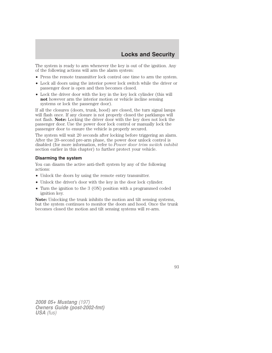 Disarming the system, Locks and security | FORD 2008 Mustang v.1 User Manual | Page 93 / 280