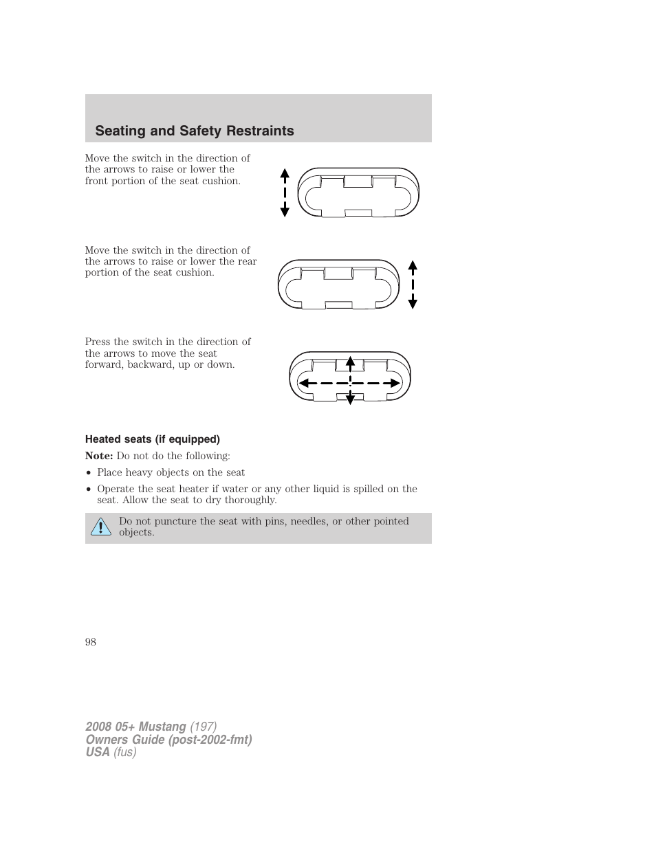 Heated seats (if equipped), Seating and safety restraints | FORD 2008 Mustang v.1 User Manual | Page 98 / 280