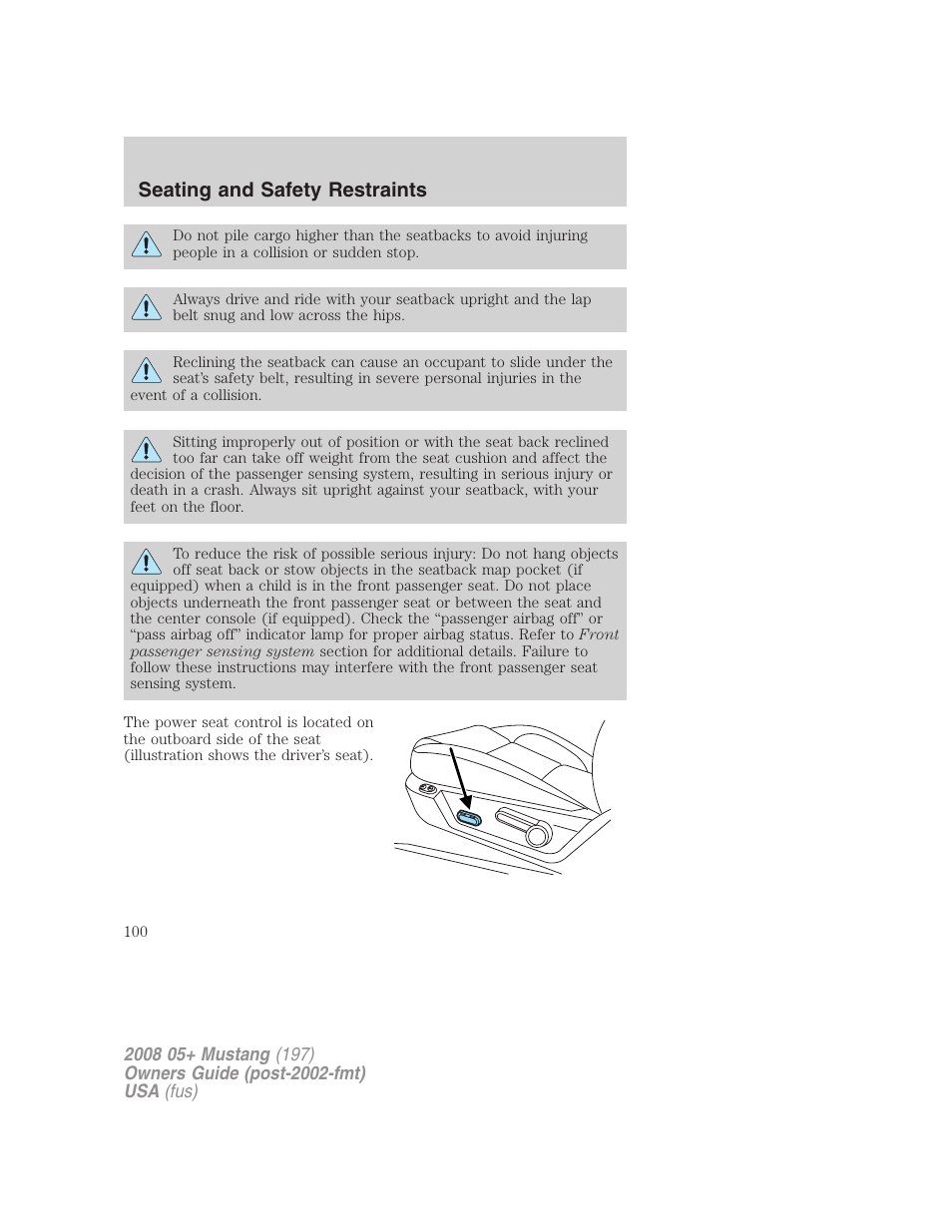 Seating and safety restraints | FORD 2008 Mustang v.2 User Manual | Page 100 / 288