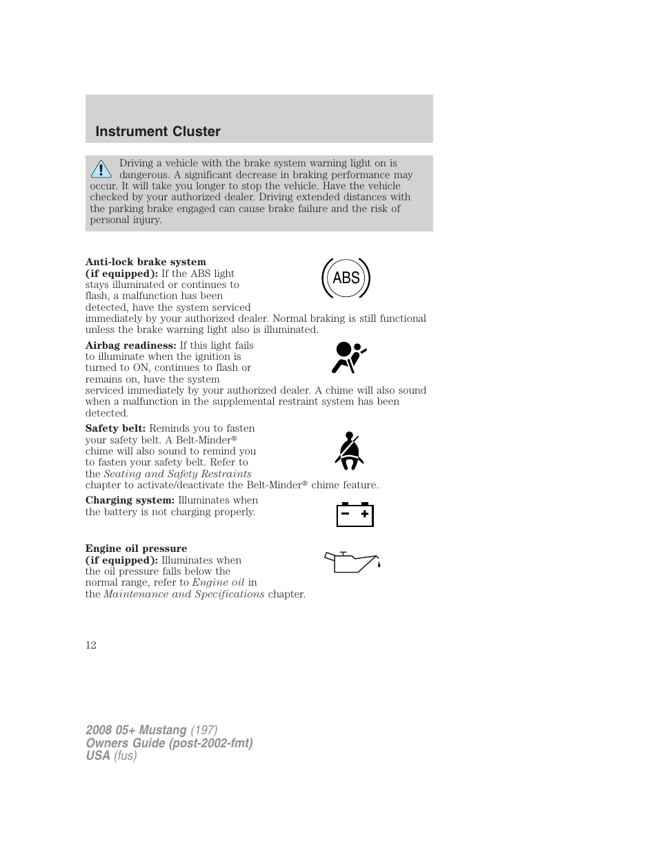 Instrument cluster | FORD 2008 Mustang v.2 User Manual | Page 12 / 288