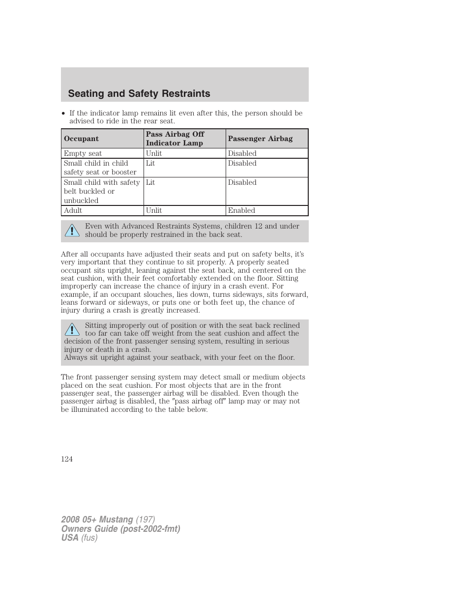 Seating and safety restraints | FORD 2008 Mustang v.2 User Manual | Page 124 / 288