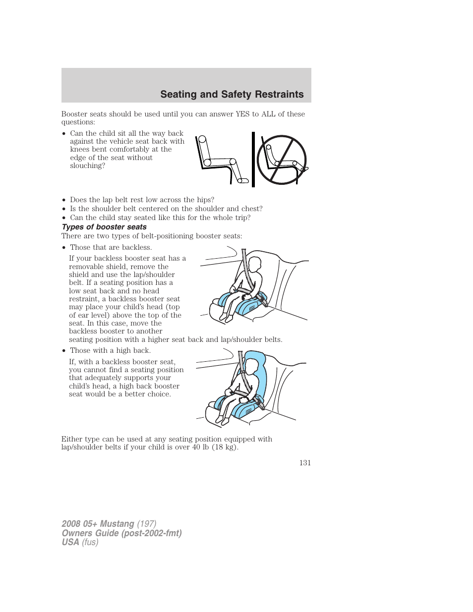 Types of booster seats, Seating and safety restraints | FORD 2008 Mustang v.2 User Manual | Page 131 / 288