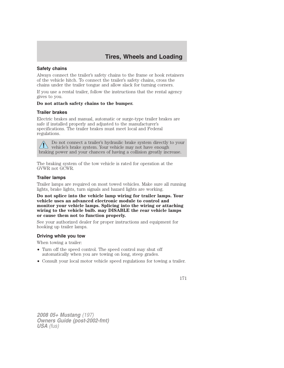 Safety chains, Trailer brakes, Trailer lamps | Driving while you tow, Tires, wheels and loading | FORD 2008 Mustang v.2 User Manual | Page 171 / 288