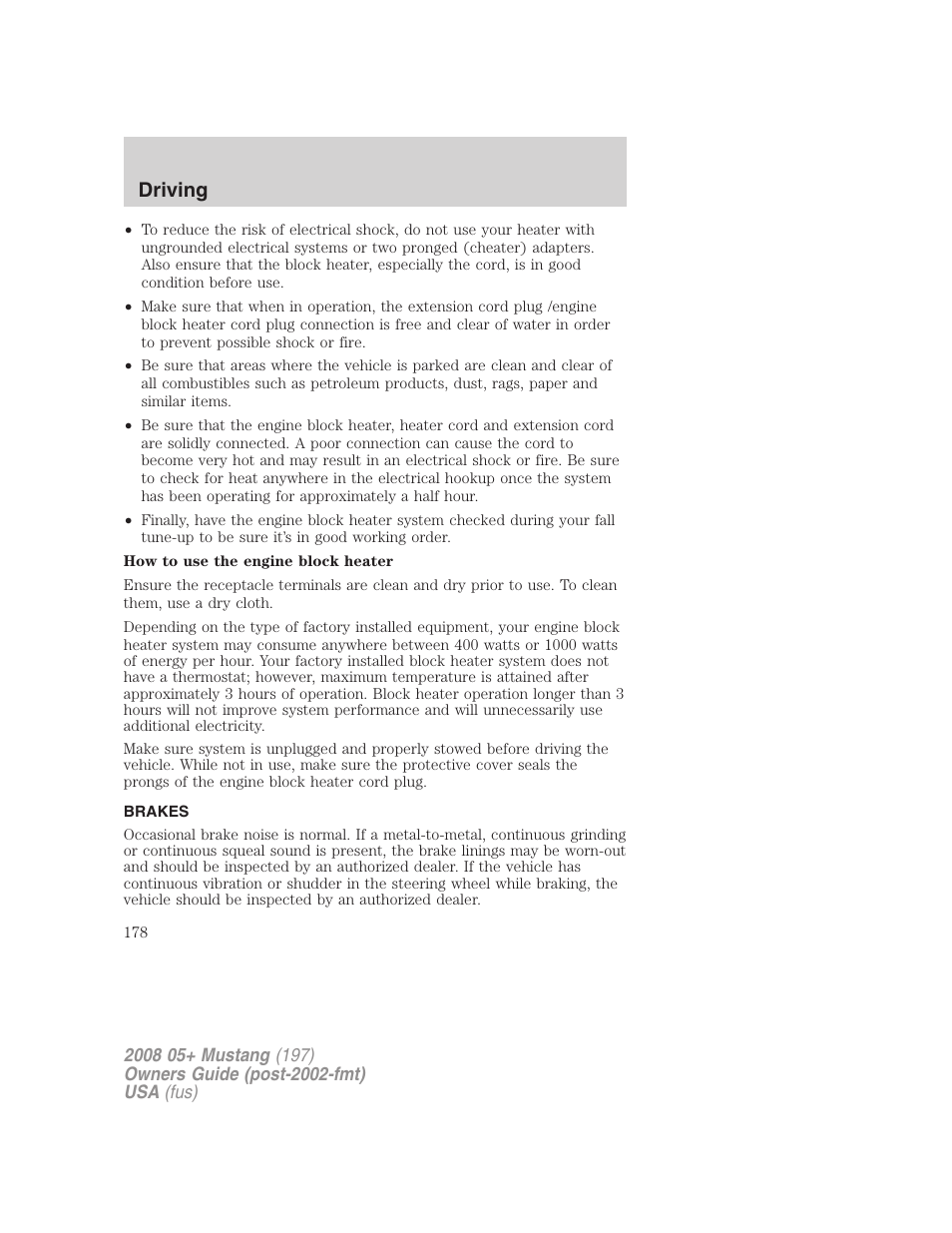 Brakes, Driving | FORD 2008 Mustang v.2 User Manual | Page 178 / 288