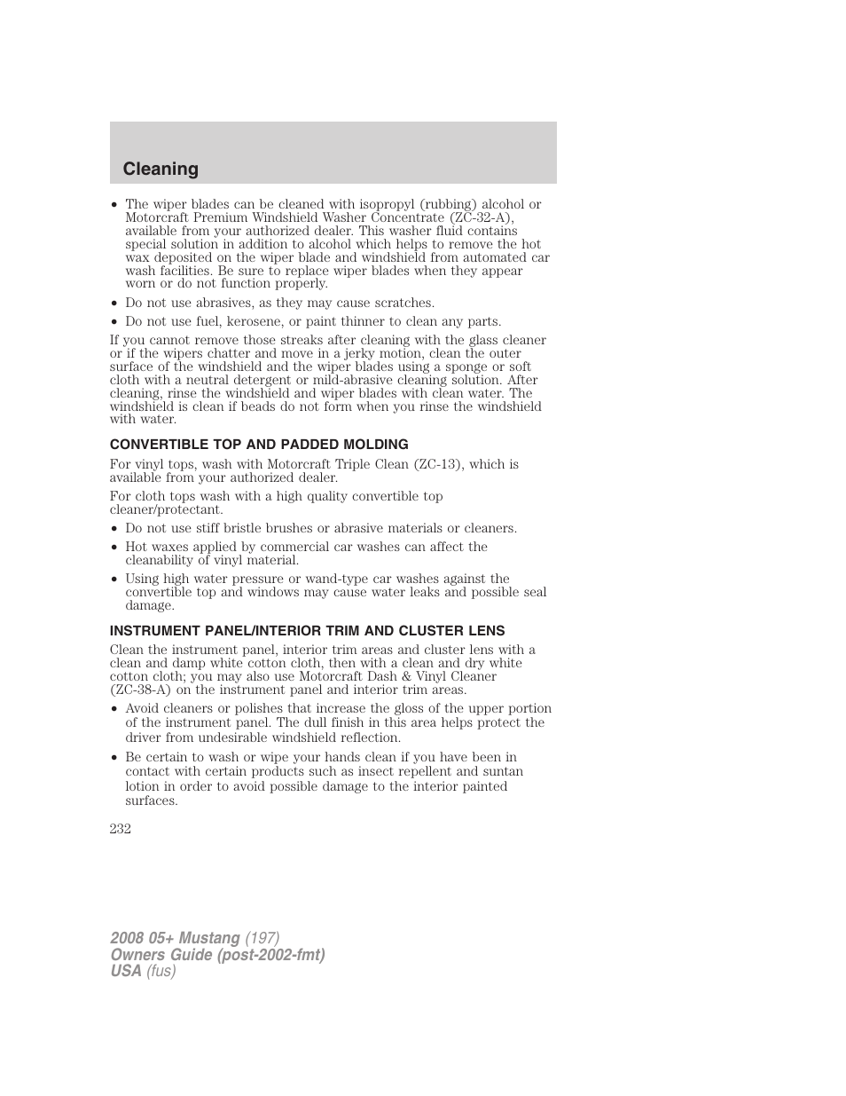 Convertible top and padded molding, Instrument panel/interior trim and cluster lens, Cleaning | FORD 2008 Mustang v.2 User Manual | Page 232 / 288