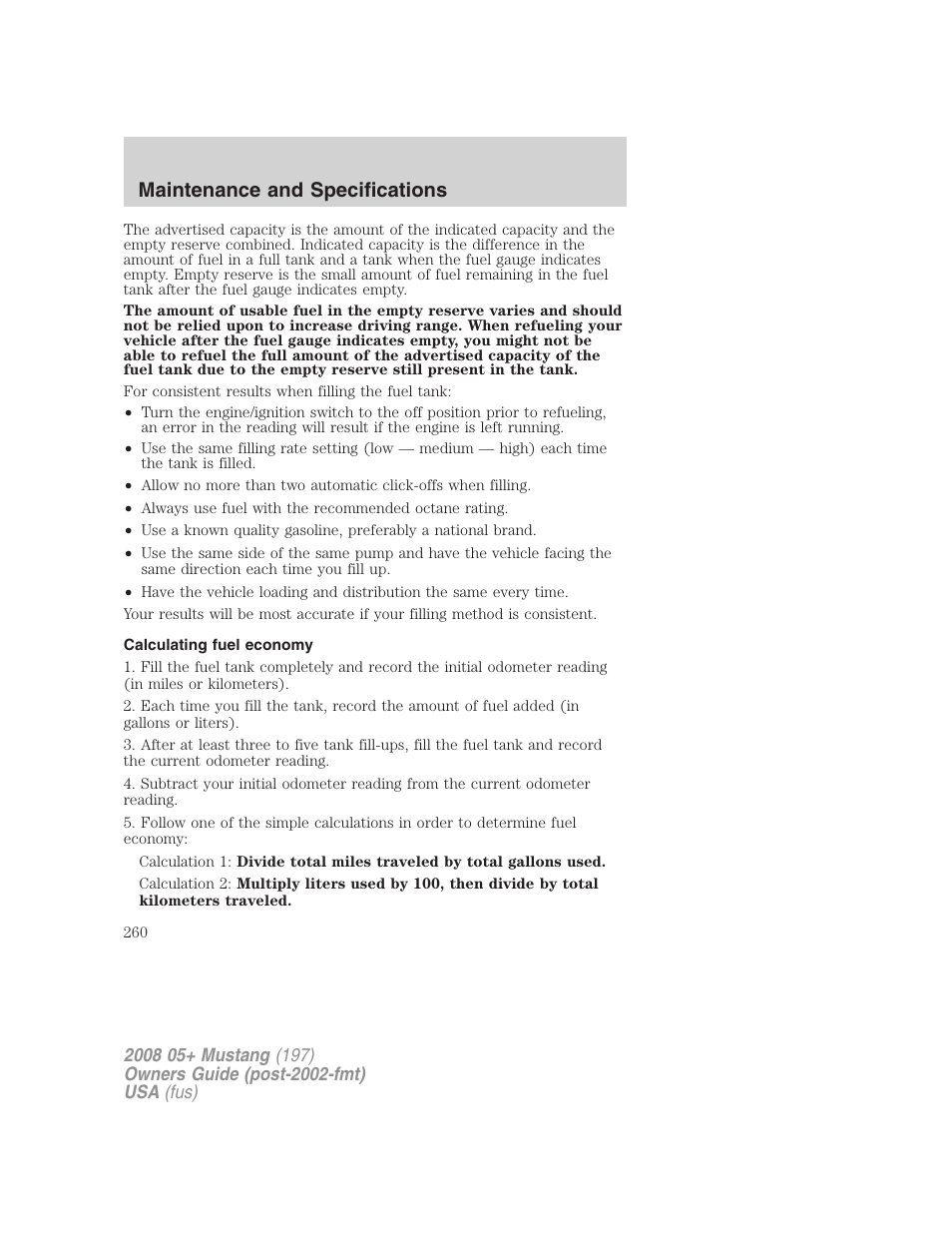 Calculating fuel economy, Maintenance and specifications | FORD 2008 Mustang v.2 User Manual | Page 260 / 288