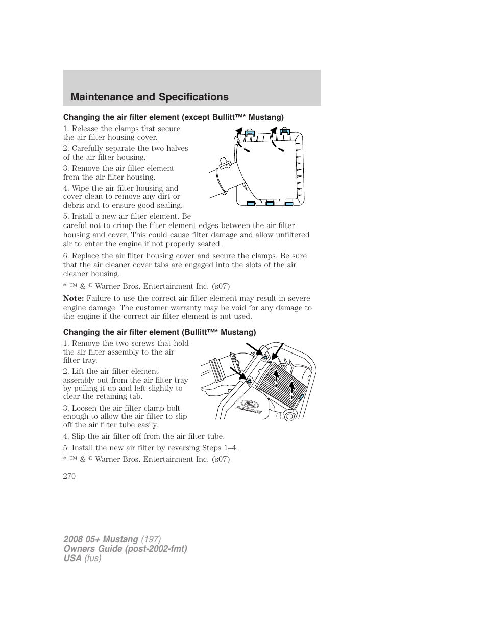 Changing the air filter element (bullitt mustang), Maintenance and specifications | FORD 2008 Mustang v.2 User Manual | Page 270 / 288