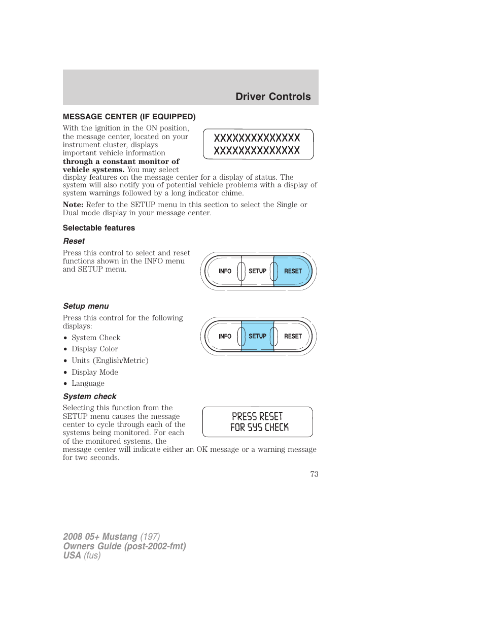 Message center (if equipped), Selectable features, Reset | Setup menu, System check, Message center, Driver controls | FORD 2008 Mustang v.2 User Manual | Page 73 / 288