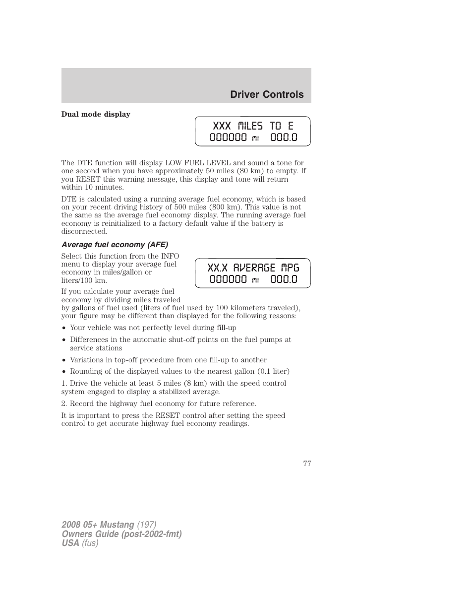 Average fuel economy (afe), Driver controls | FORD 2008 Mustang v.2 User Manual | Page 77 / 288