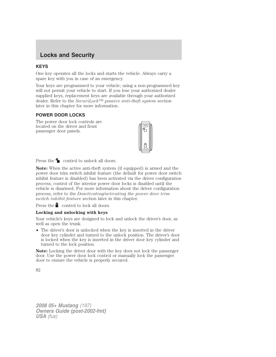 Locks and security, Keys, Power door locks | Locks | FORD 2008 Mustang v.2 User Manual | Page 82 / 288