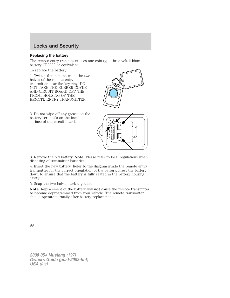 Replacing the battery, Locks and security | FORD 2008 Mustang v.2 User Manual | Page 88 / 288