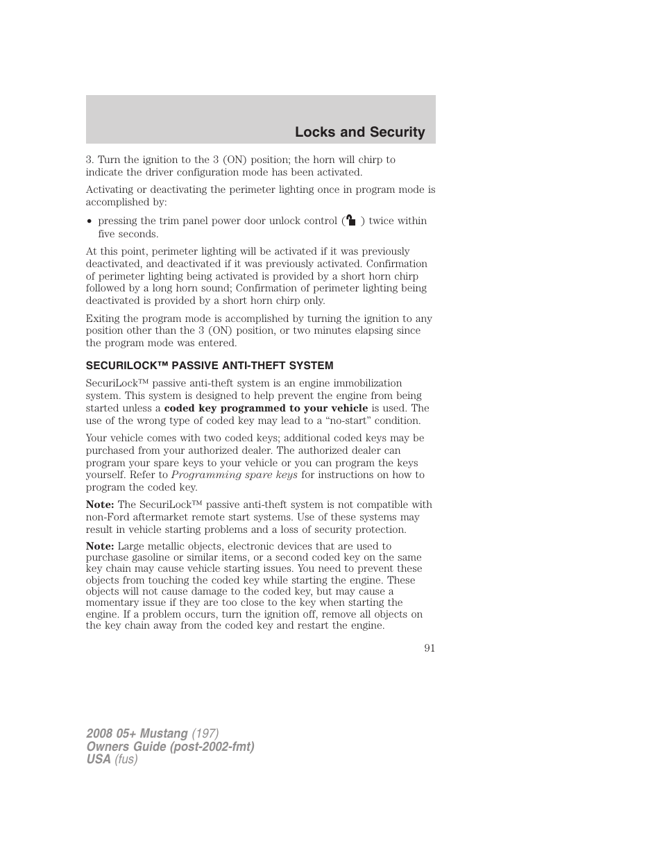 Securilock™ passive anti-theft system, Anti-theft system, Locks and security | FORD 2008 Mustang v.2 User Manual | Page 91 / 288