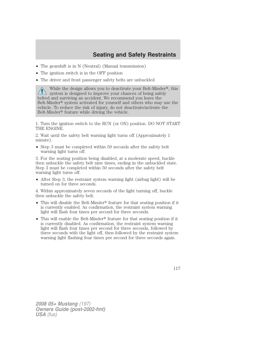 Seating and safety restraints | FORD 2008 Mustang v.3 User Manual | Page 117 / 285