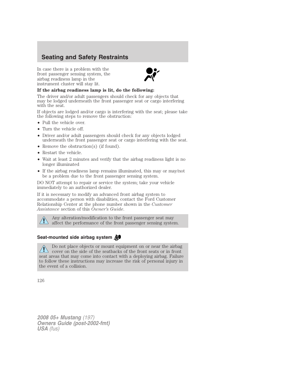 Seat-mounted side airbag system, Seating and safety restraints | FORD 2008 Mustang v.3 User Manual | Page 126 / 285