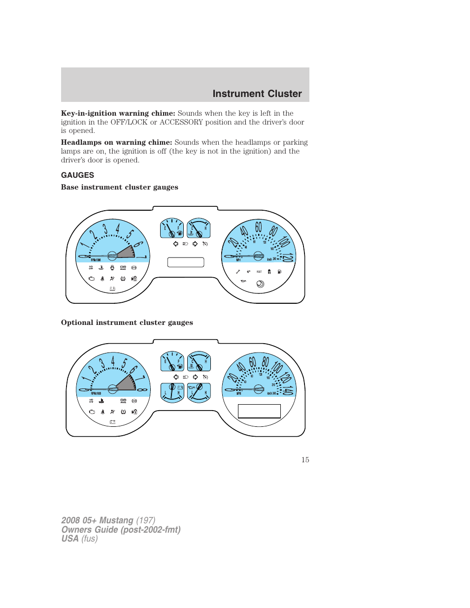 Gauges, Instrument cluster | FORD 2008 Mustang v.3 User Manual | Page 15 / 285