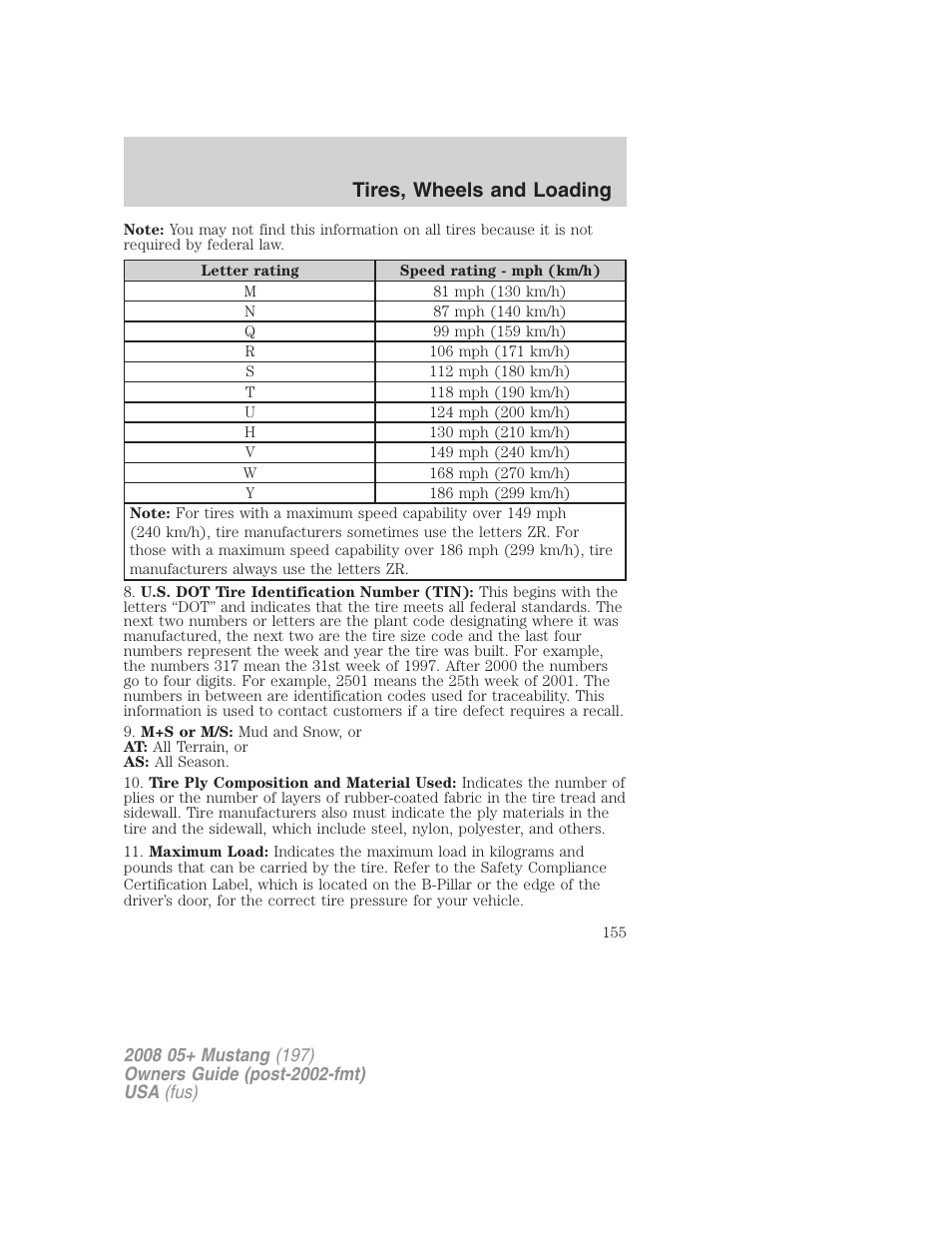 Tires, wheels and loading | FORD 2008 Mustang v.3 User Manual | Page 155 / 285