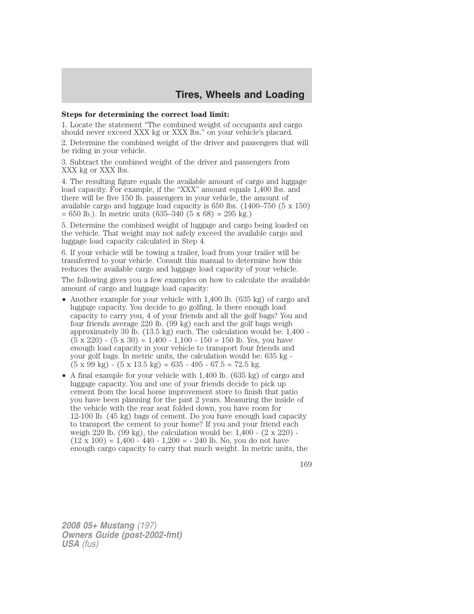 Tires, wheels and loading | FORD 2008 Mustang v.3 User Manual | Page 169 / 285