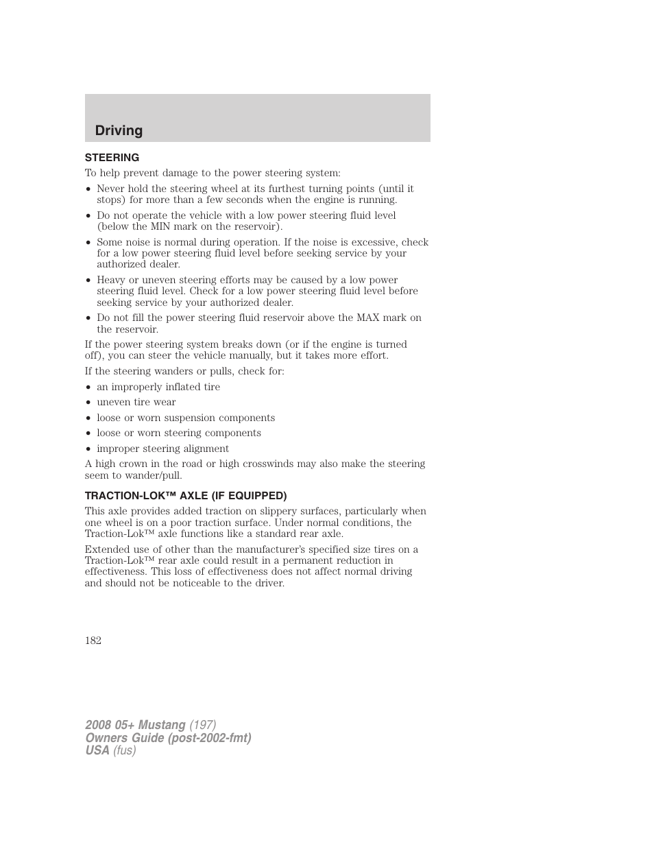 Steering, Traction-lok™ axle (if equipped), Driving | FORD 2008 Mustang v.3 User Manual | Page 182 / 285