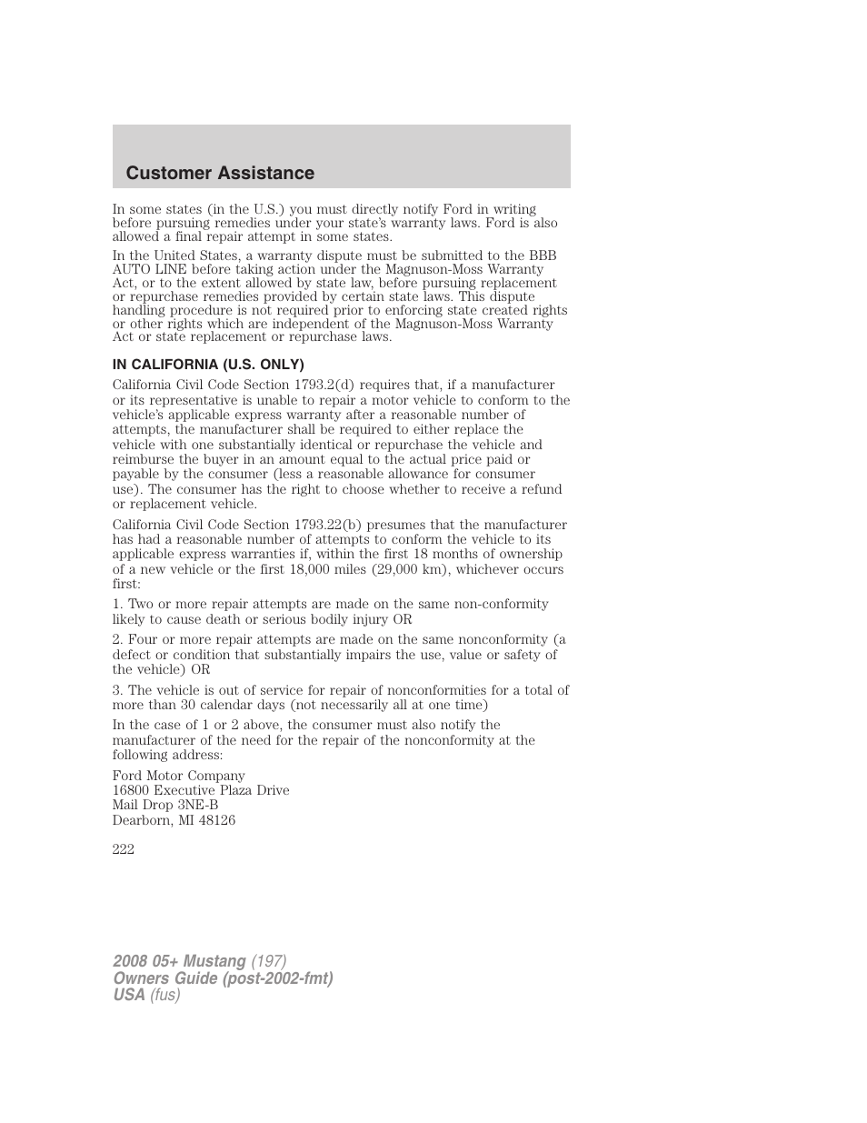 In california (u.s. only), Customer assistance | FORD 2008 Mustang v.3 User Manual | Page 222 / 285