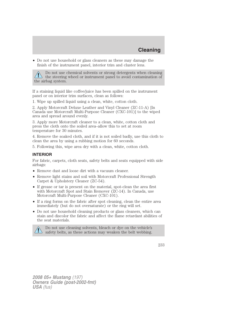 Interior, Cleaning | FORD 2008 Mustang v.3 User Manual | Page 233 / 285