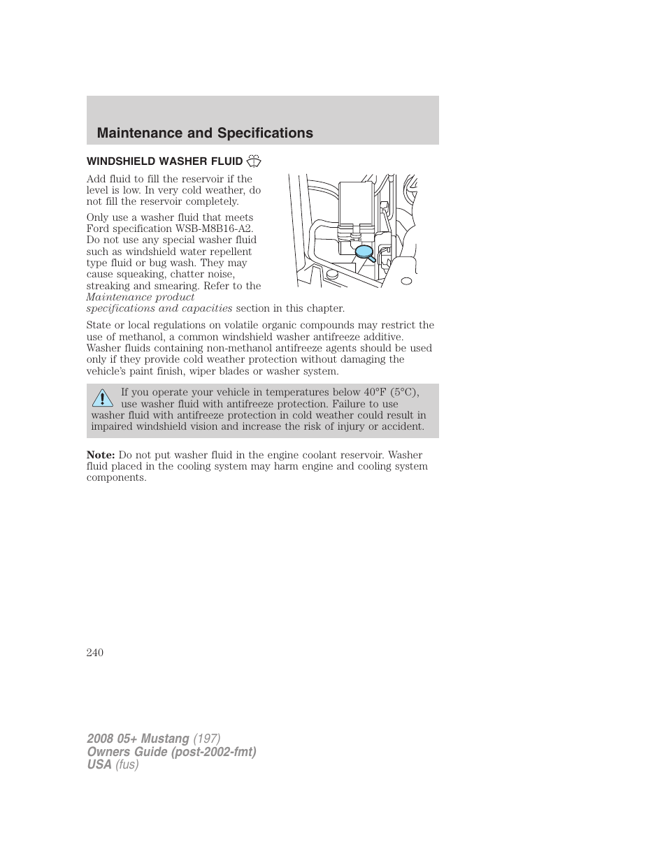 Windshield washer fluid, Maintenance and specifications | FORD 2008 Mustang v.3 User Manual | Page 240 / 285