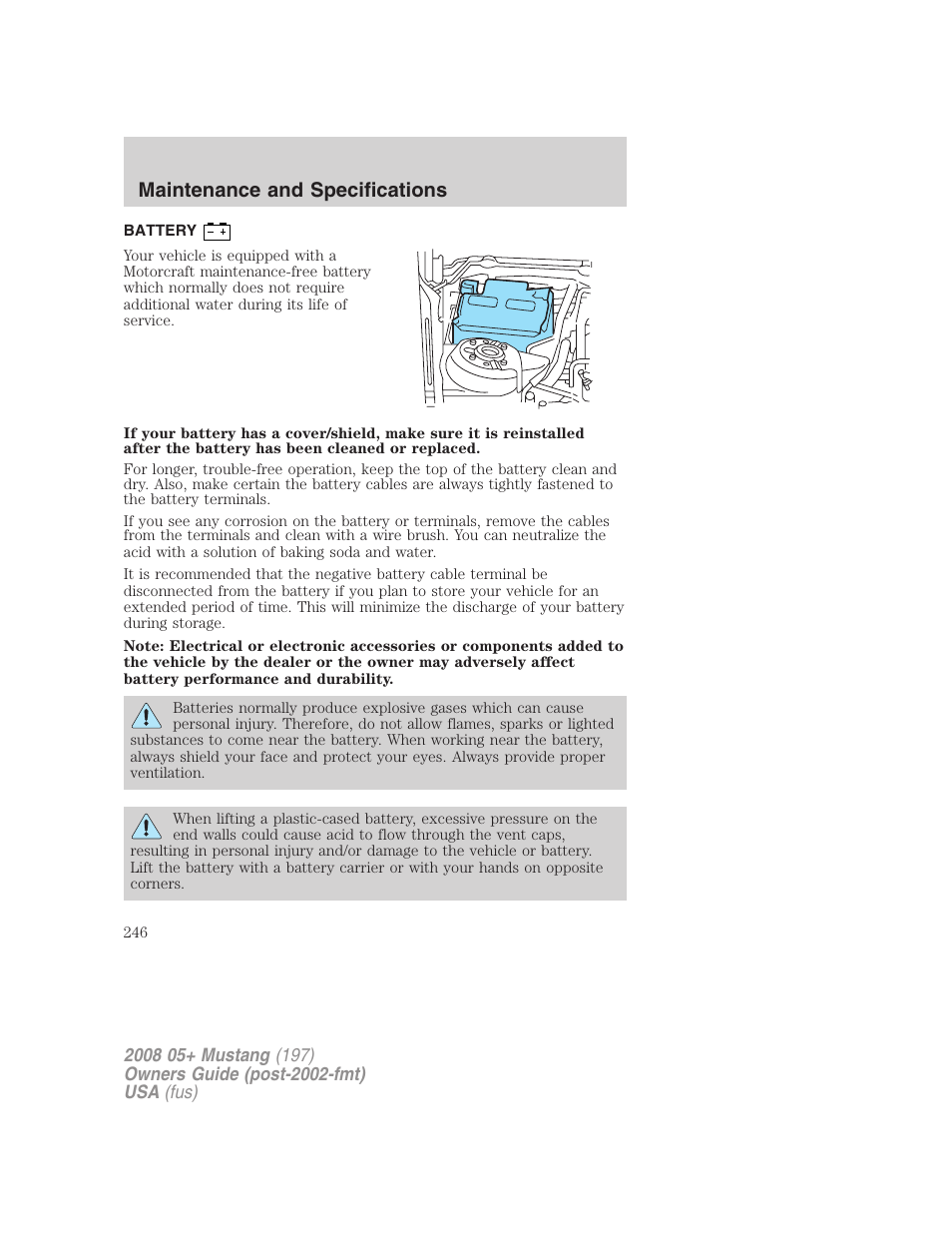 Battery, Maintenance and specifications | FORD 2008 Mustang v.3 User Manual | Page 246 / 285