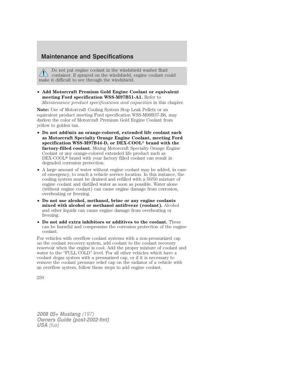 Maintenance and specifications | FORD 2008 Mustang v.3 User Manual | Page 250 / 285