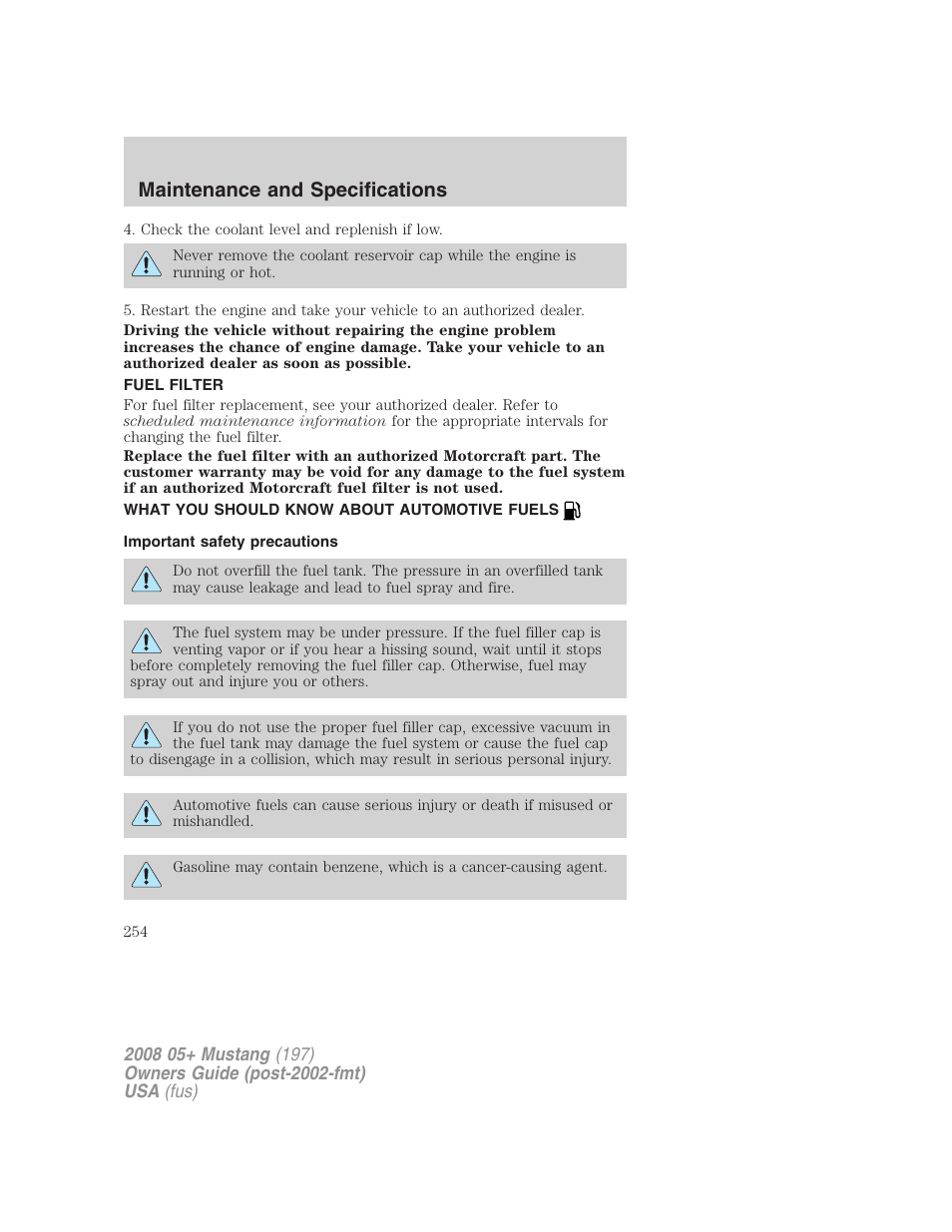 Fuel filter, What you should know about automotive fuels, Important safety precautions | Fuel information, Maintenance and specifications | FORD 2008 Mustang v.3 User Manual | Page 254 / 285