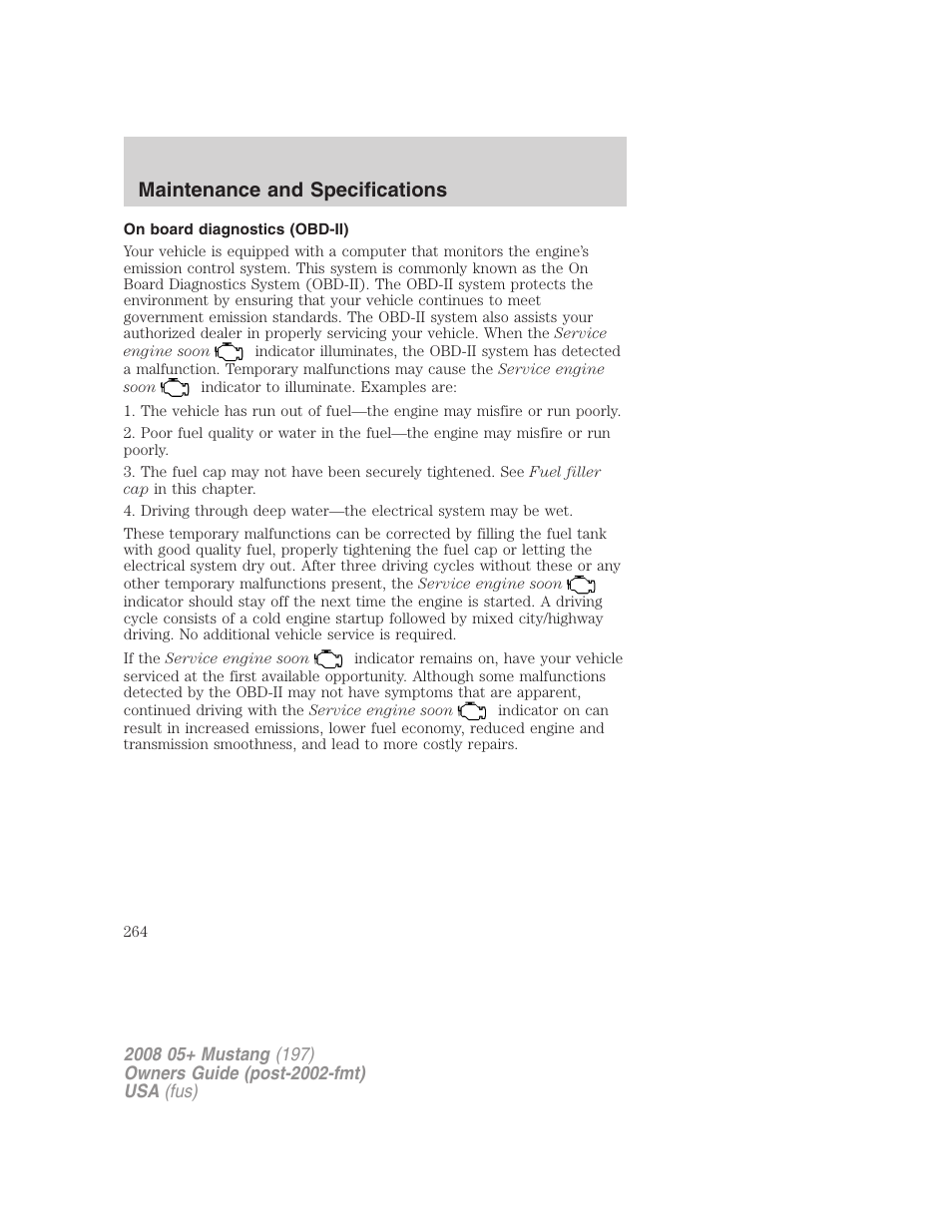 On board diagnostics (obd-ii), Maintenance and specifications | FORD 2008 Mustang v.3 User Manual | Page 264 / 285