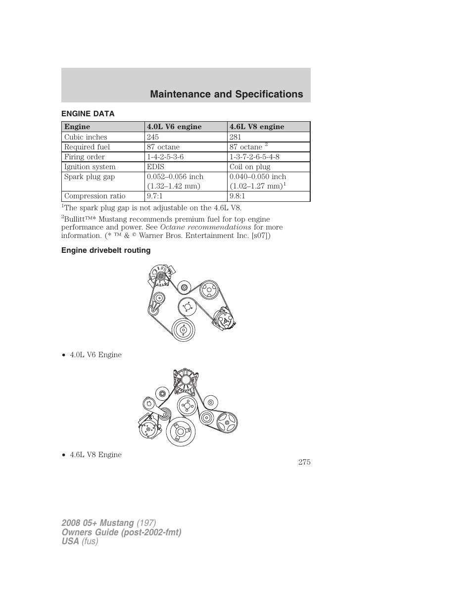 Engine data, Engine drivebelt routing, Maintenance and specifications | FORD 2008 Mustang v.3 User Manual | Page 275 / 285