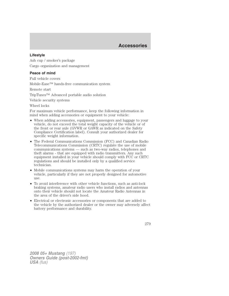 Lifestyle, Peace of mind, Accessories | FORD 2008 Mustang v.3 User Manual | Page 279 / 285