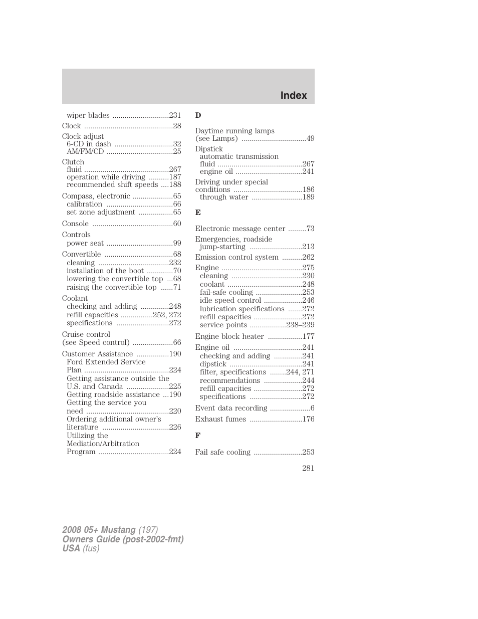 Index | FORD 2008 Mustang v.3 User Manual | Page 281 / 285