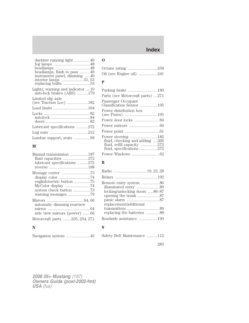 Index | FORD 2008 Mustang v.3 User Manual | Page 283 / 285
