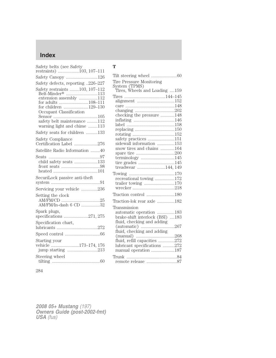 Index | FORD 2008 Mustang v.3 User Manual | Page 284 / 285
