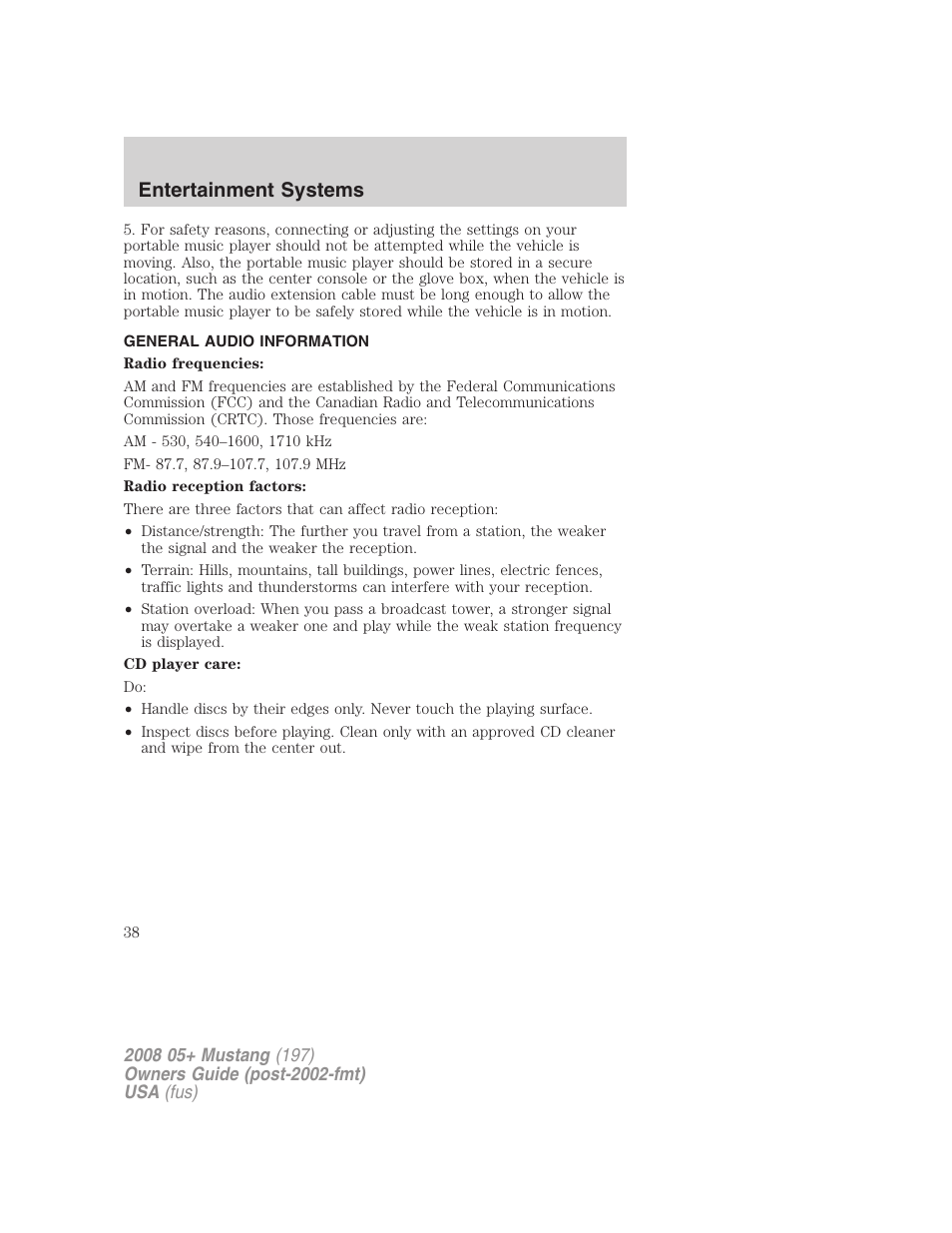 General audio information, Entertainment systems | FORD 2008 Mustang v.3 User Manual | Page 38 / 285