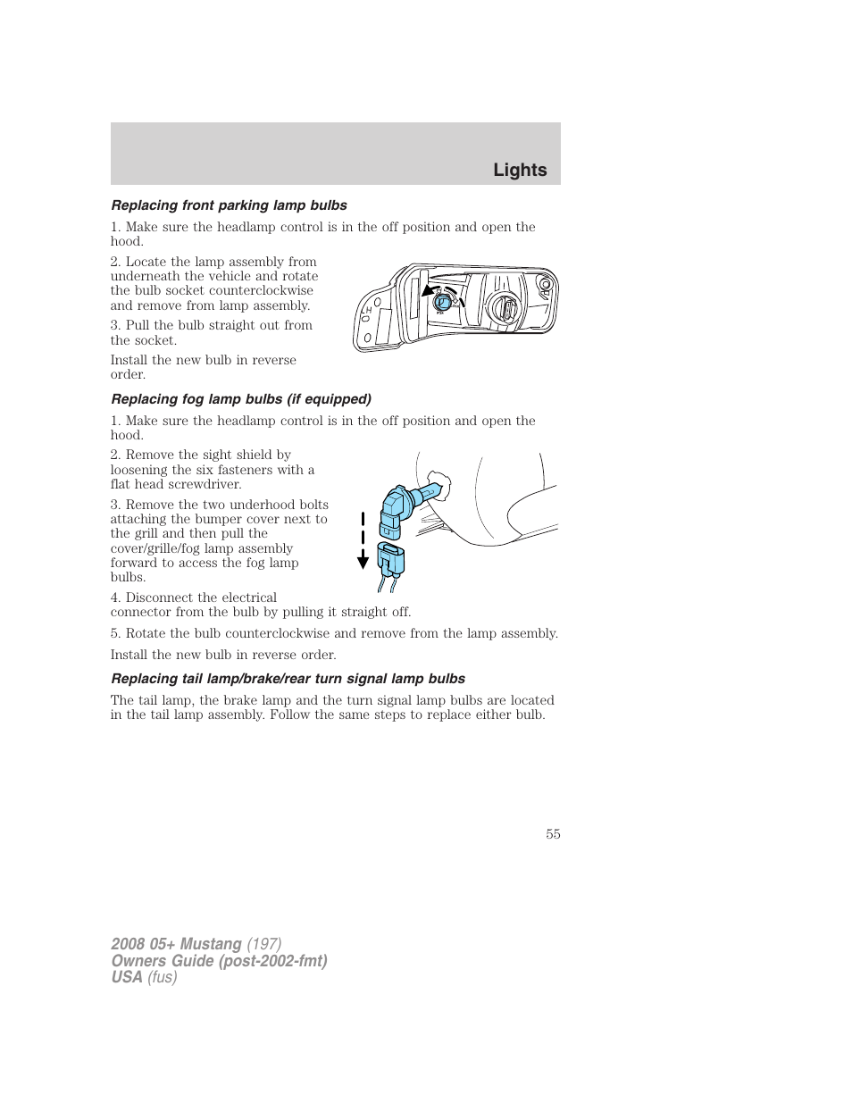Replacing front parking lamp bulbs, Replacing fog lamp bulbs (if equipped), Lights | FORD 2008 Mustang v.3 User Manual | Page 55 / 285