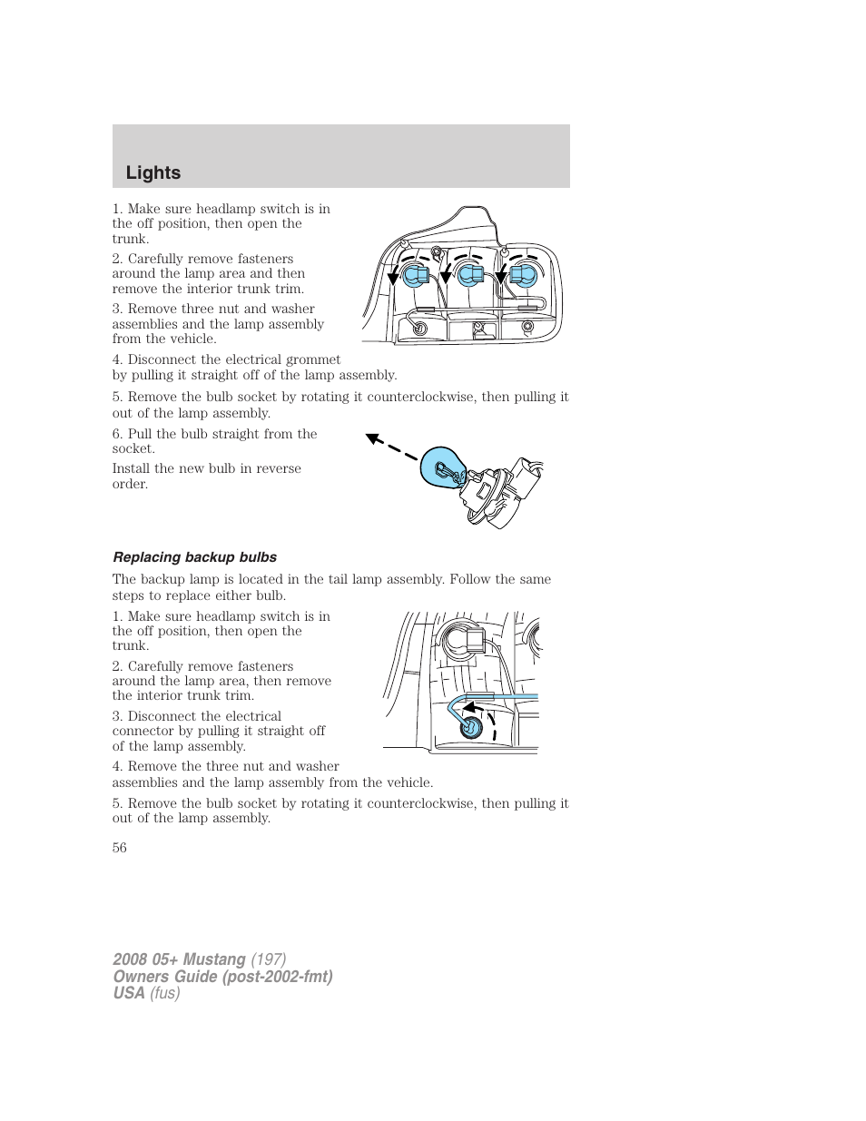 Replacing backup bulbs, Lights | FORD 2008 Mustang v.3 User Manual | Page 56 / 285